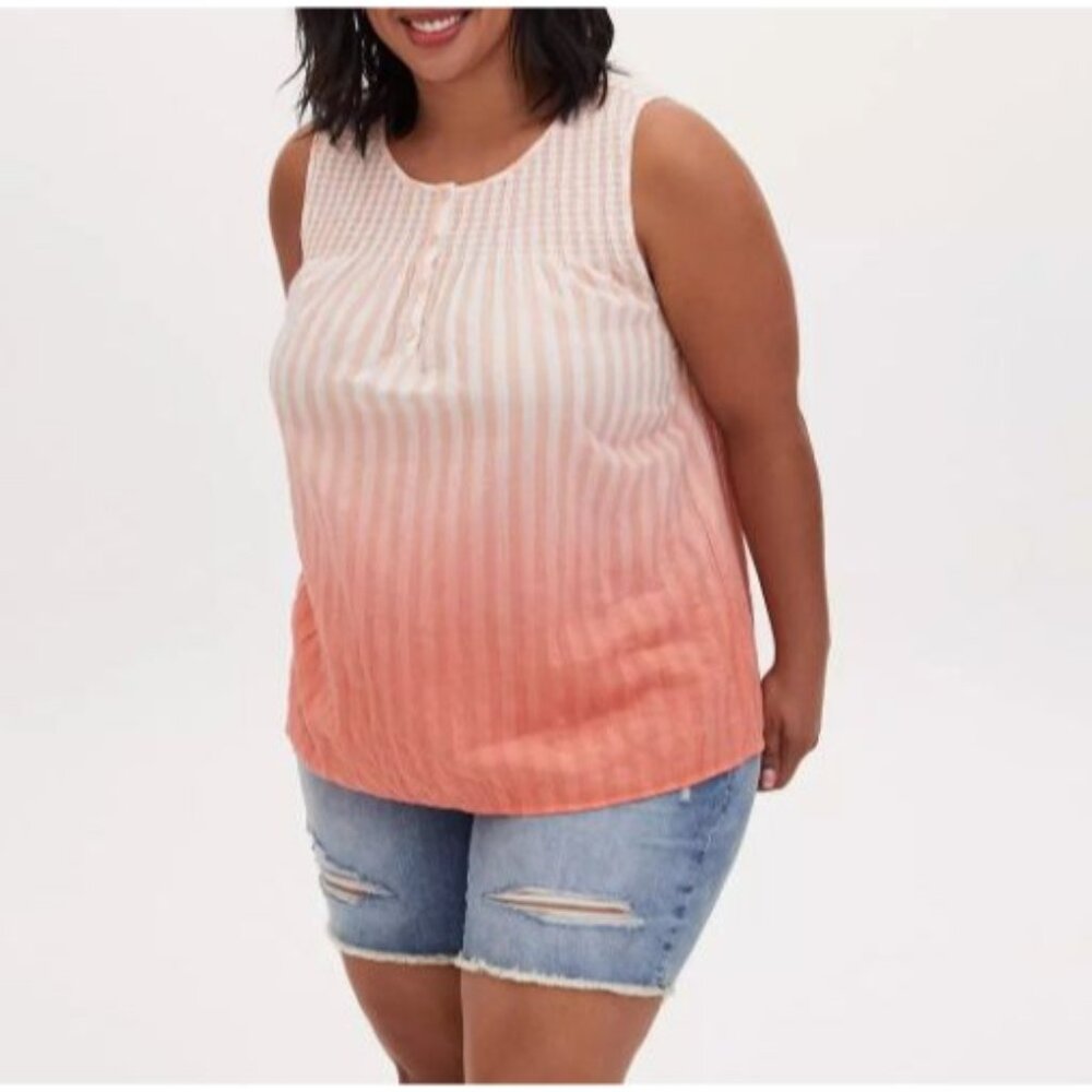 Torrid US Women's Size 1X Cotton Smocked Henley Tank Pink Glo Ombre Sleeveless